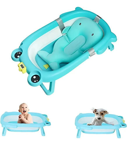 Bañera Plegable + Cojín Con Diseño De Ranita Con Termómetro Azul