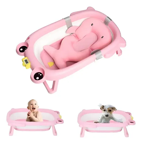 Bañera Plegable + Cojín Con Diseño De Ranita Con Termómetro Rosa