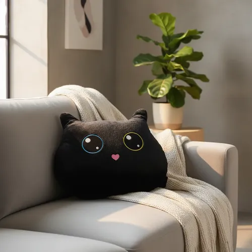 Cojín Peluche Gato Kawaii Almohada Decorativa Negro