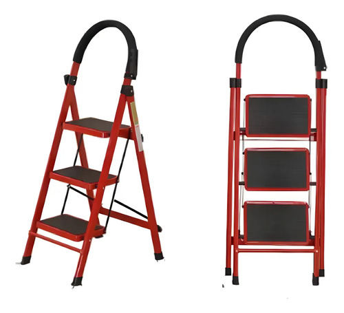 Escalera 3 Escalones Antideslizante Plegable Aluminio Rojo