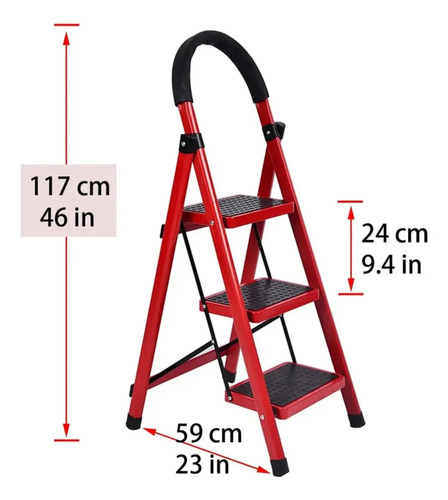 Escalera 3 Escalones Antideslizante Plegable Aluminio Rojo — foto 2