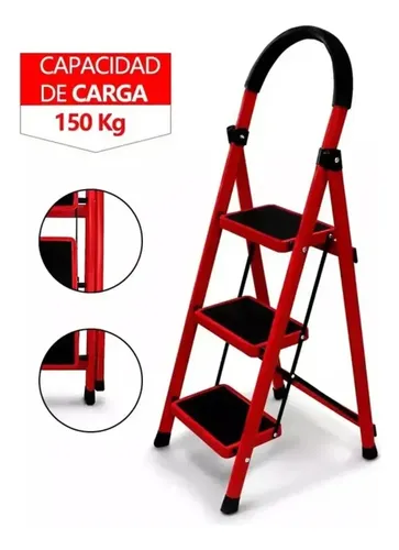 Escalera Plegable 3 Escalones Antideslizante Aluminio Rojo — foto 2
