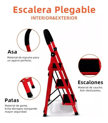 Escalera Plegable 3 Escalones Antideslizante Aluminio Rojo — foto 3