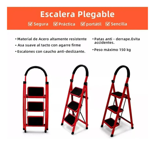 Escalera Plegable 3 Escalones Antideslizante Aluminio Rojo — foto 8