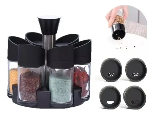 Especiero Giratorio Set De 6 Organizador De Condimentos Negro