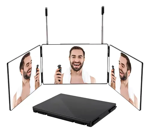 Espejo Triple Cuadrado 3 Vías Corte De Cabello Negro