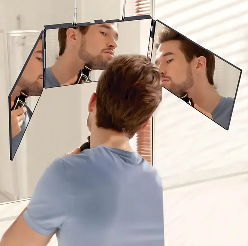 Espejo Triple Cuadrado 3 Vías Corte De Cabello Negro — foto 4