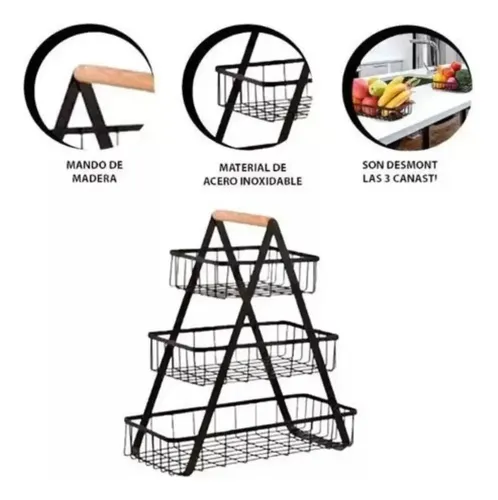 Estante Frutero 3 Nivel Organizador Metal Multiuso Cocina Negro — foto 3