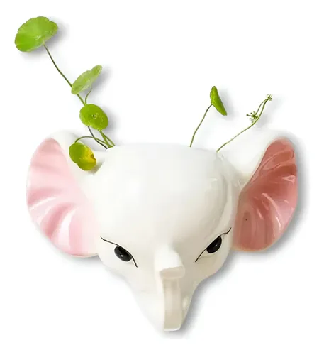 Macetero Cabeza Elefante Cerámico De Pared Decoración Blanco