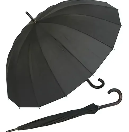 Paraguas Clásico Xl Automático 16 Varillas Y Mango Invierno Negro Liso — foto 2