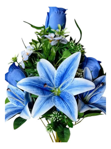 Ramo De Rosas Y Lilium Artificiales Decoración Azul