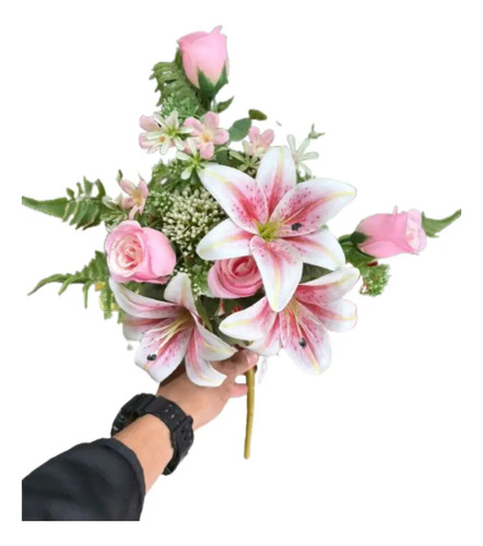 Ramo De Rosas Y Lilium Artificiales Decoración Rosa
