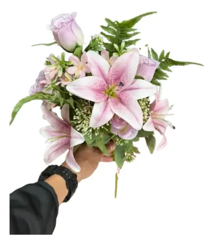Ramo De Rosas Y Lilium Artificiales Decoración Rosa Claro