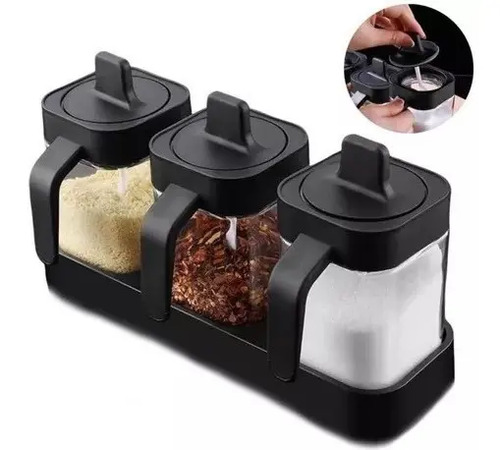 Set De 3 Especieros Condimenteros Vidrio Con Cuchara Negro