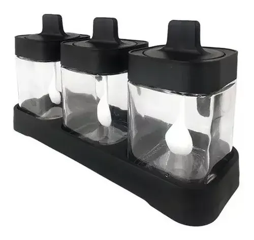 Set De 3 Especieros Condimenteros Vidrio Con Cuchara Negro — foto 3