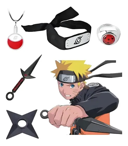 Set Naruto Cosplay Anillo Collar Banda Shuriken Kunai 5 Pcs Negro Única