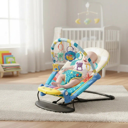 Silla Mecedora Gimnasio Piano Musical 2 En 1 Para Bebe Azul
