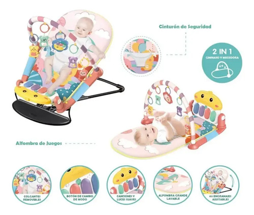 Silla Mecedora Gimnasio Piano Musical 2 En 1 Para Bebe Rosa — foto 5